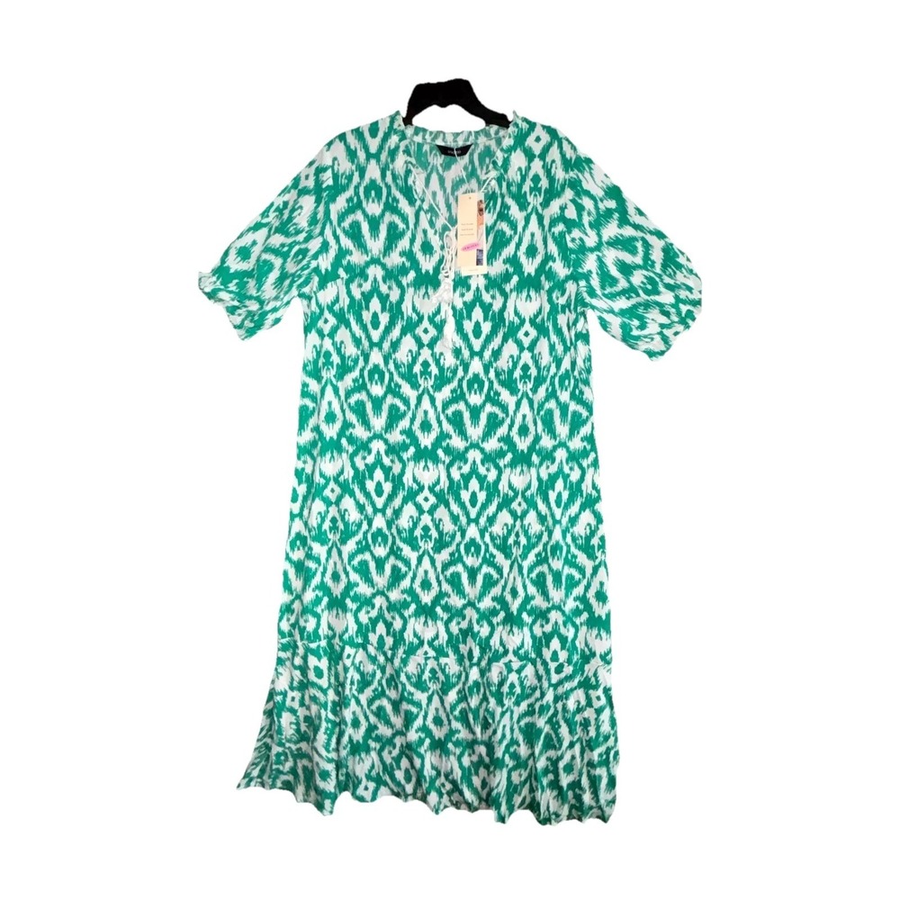 Dokotoo‎ Green White Boho Shift Dress Tassel Tie Short Sleeve NWT